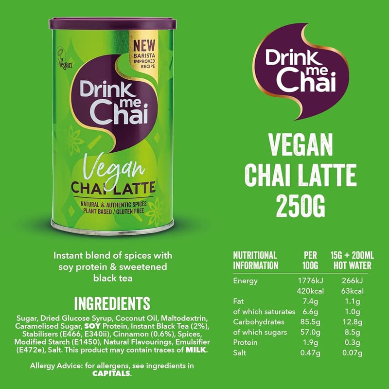 Veganes Chai Latte Pulver 250g – Einfach mit Wasser zubereiten, 16 Portionen