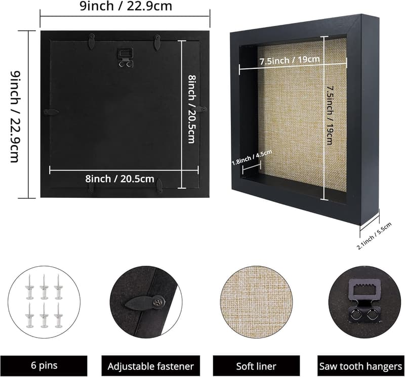3D Bilderrahmen 20x20 cm Schwarz für Blumen und Medaillen