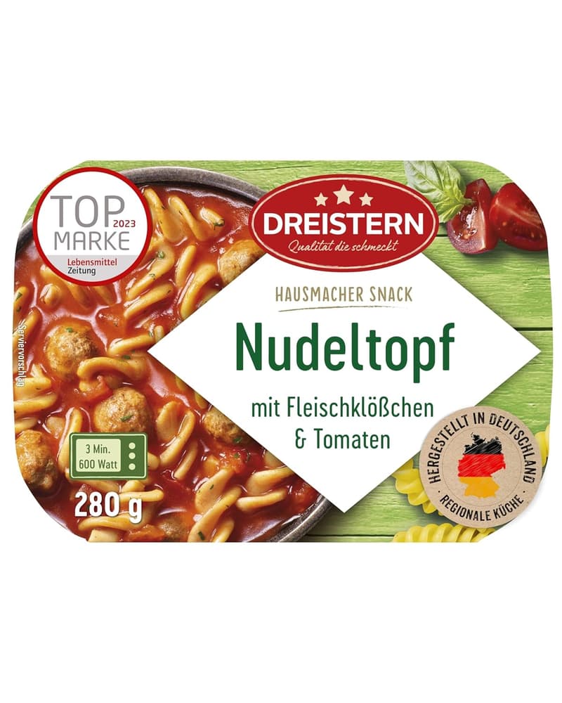 Herzhaftes Fertiggericht Nudeltopf mit Fleischbällchen und Tomaten 280g