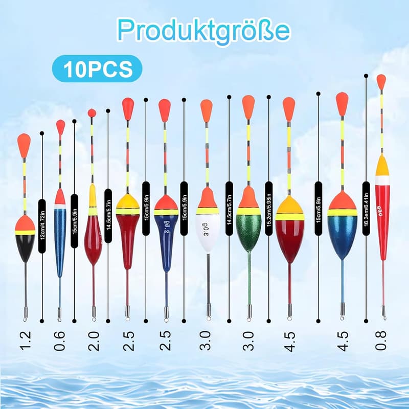 10 Stück Knicklicht-Angelposen Set für Still- und Flussgewässer