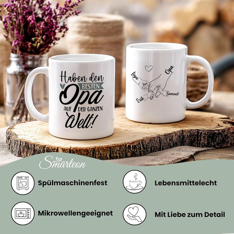 Personalisierte Tasse für Opa mit Kinderhänden und Namen