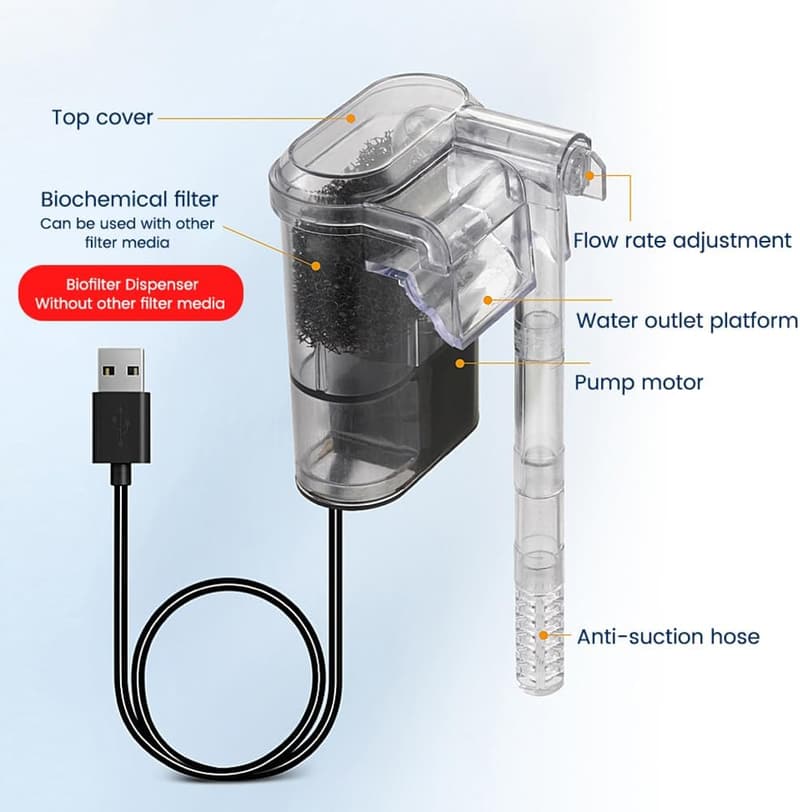 Leiser Mini Aquariumfilter mit USB und einstellbarem Wasserdurchfluss