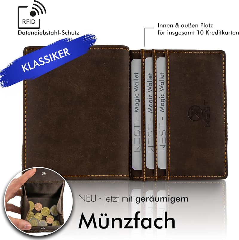 Magic Wallet mit großem Münzfach und RFID-Schutz – Braun Orange – Geschenkbox