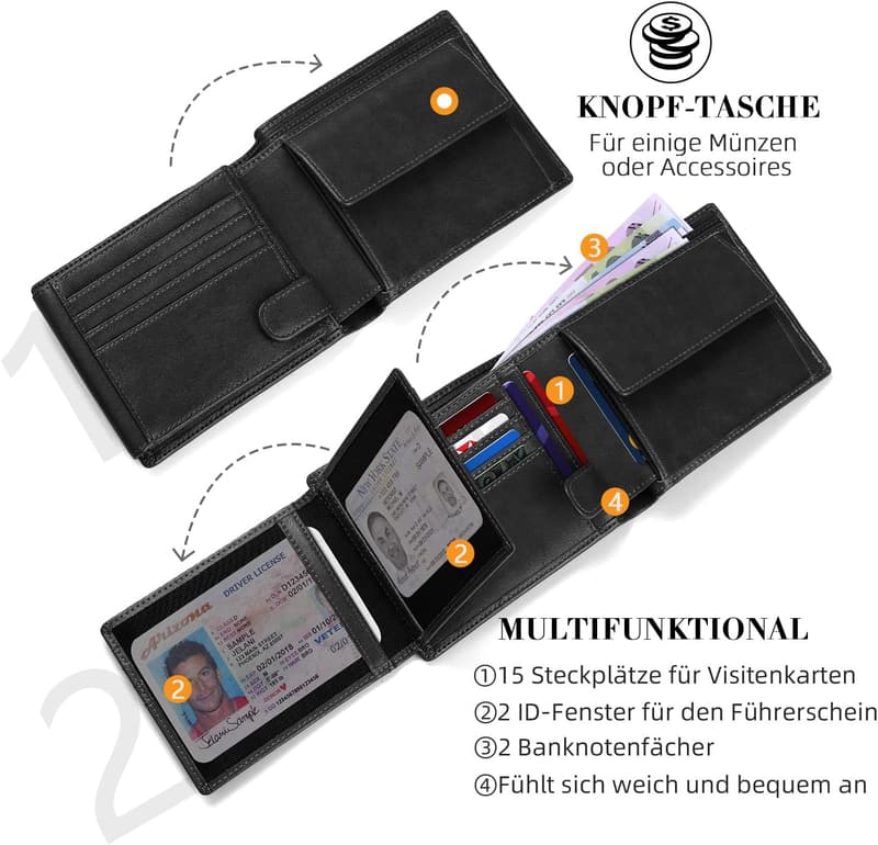 RFID-blockierende Leder-Geldbörse für Männer mit 15 Kartenfächer
