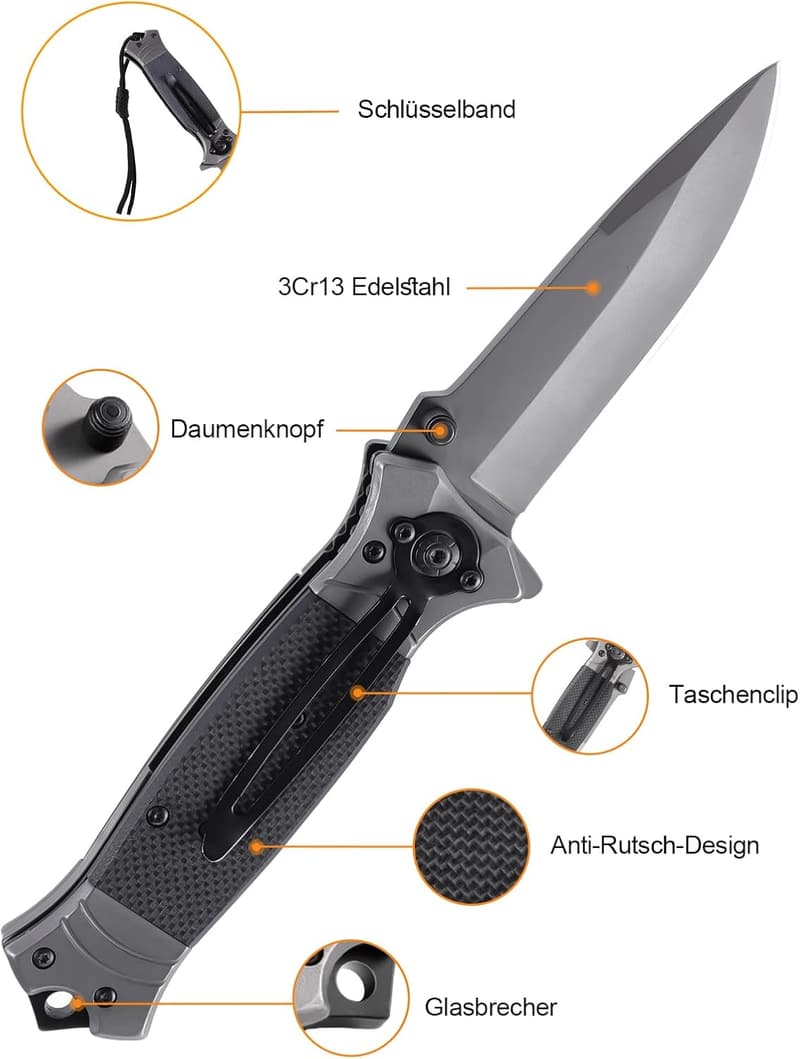 EDC Survival Taschenmesser aus 3Cr13 Edelstahl mit Glasbrecher für Männer