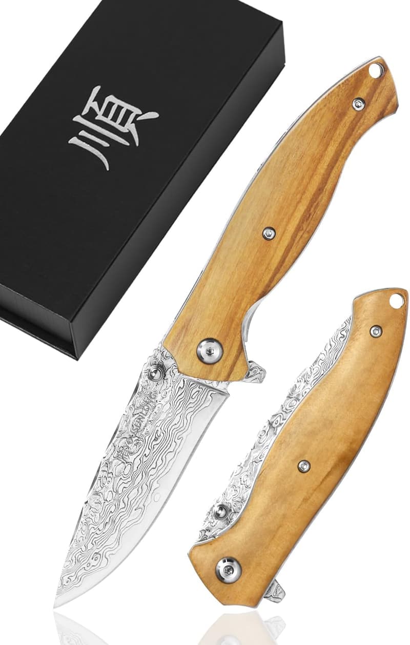 Camping-Klappmesser aus Damaszenerstahl mit Olivenholzgriff – 191 mm