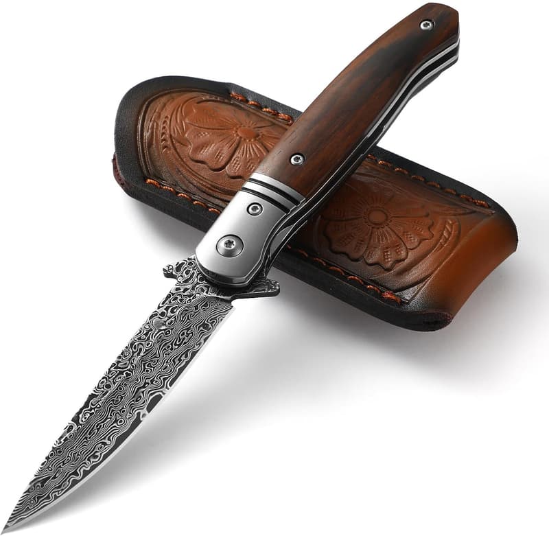 Damast Taschenmesser mit VG10 Kern und Holzgriff – ideales Geschenk