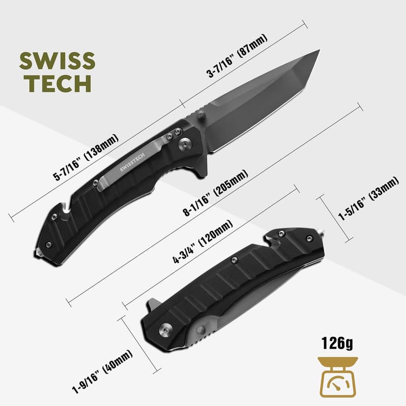 Swiss+Tech Einhand Klappmesser mit Taschenclip und Glasbrecher, ideal für Jagd und Camping