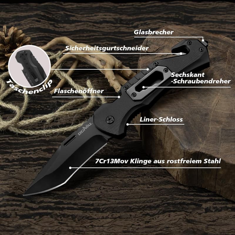 Outdoor 5-in-1 Klappmesser mit Aluminiumgriff und Clip, Schwarz