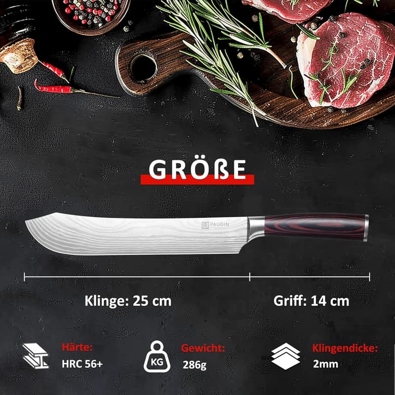 PAUDIN 25 cm Fleischmesser aus Edelstahl mit ergonomischem Holzgriff