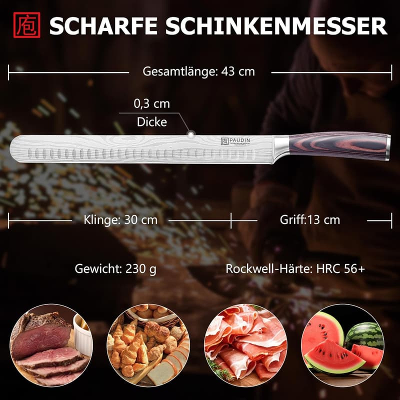 PAUDIN 30 cm Schinkenmesser aus Edelstahl mit Pakkaholzgriff