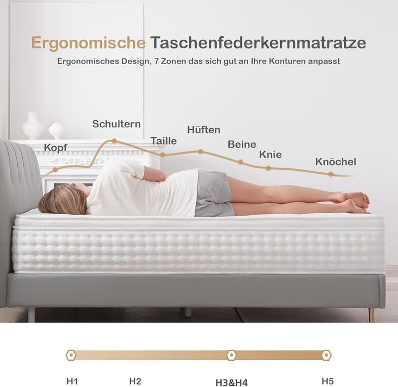 Orthopädische 7-Zonen Taschenfederkernmatratze 90x200 cm mit Memory-Schaum, H3