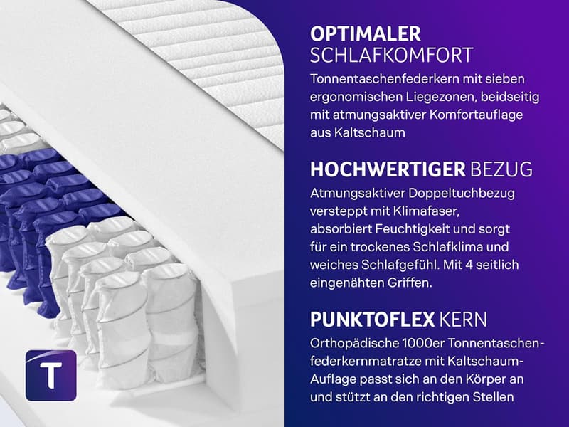 7-Zonen Tonnentaschenfederkernmatratze 90x200 cm, H4, Öko-Tex zertifiziert
