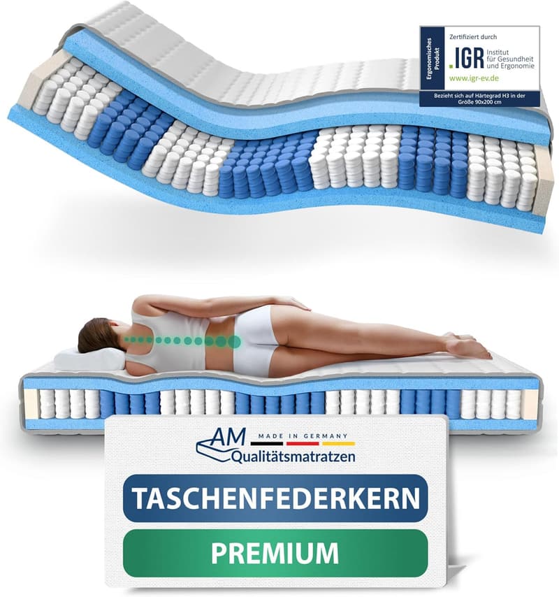 Hochwertige 7-Zonen Taschenfederkernmatratze 90x200 cm, H3