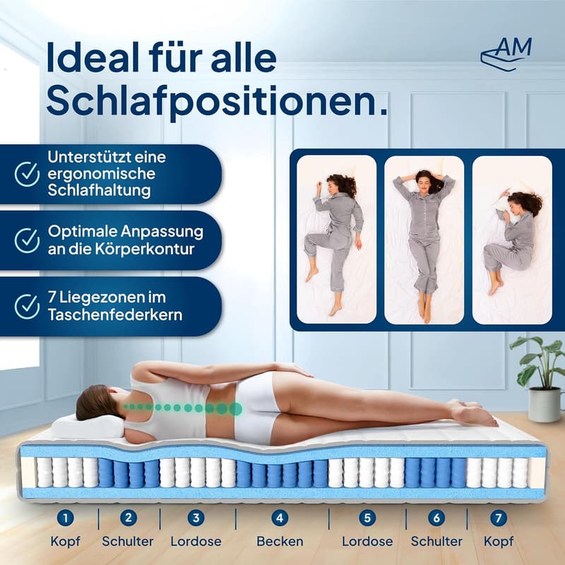 Hochwertige 7-Zonen Taschenfederkernmatratze 90x200 cm, H3
