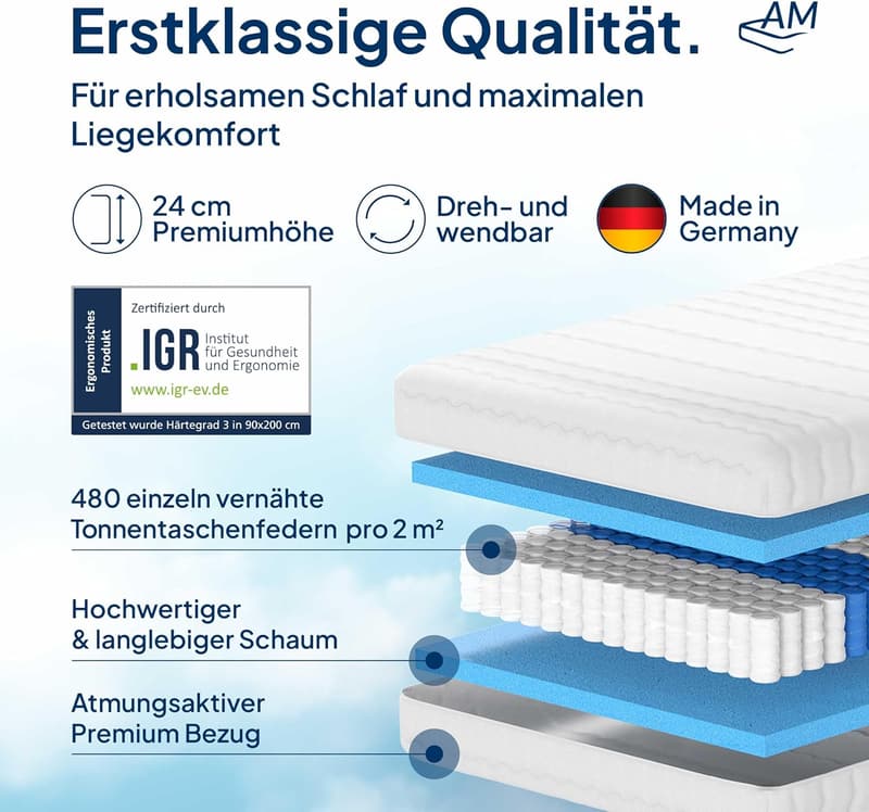Hochwertige 7-Zonen Taschenfederkernmatratze 90x200 cm, H3