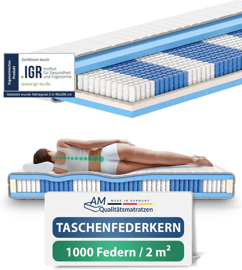7-Zonen Taschenfederkernmatratze 90x200 cm mit 1.000 Federn