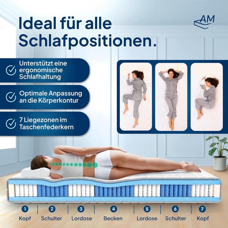 7-Zonen Taschenfederkernmatratze 90x200 cm mit 1.000 Federn