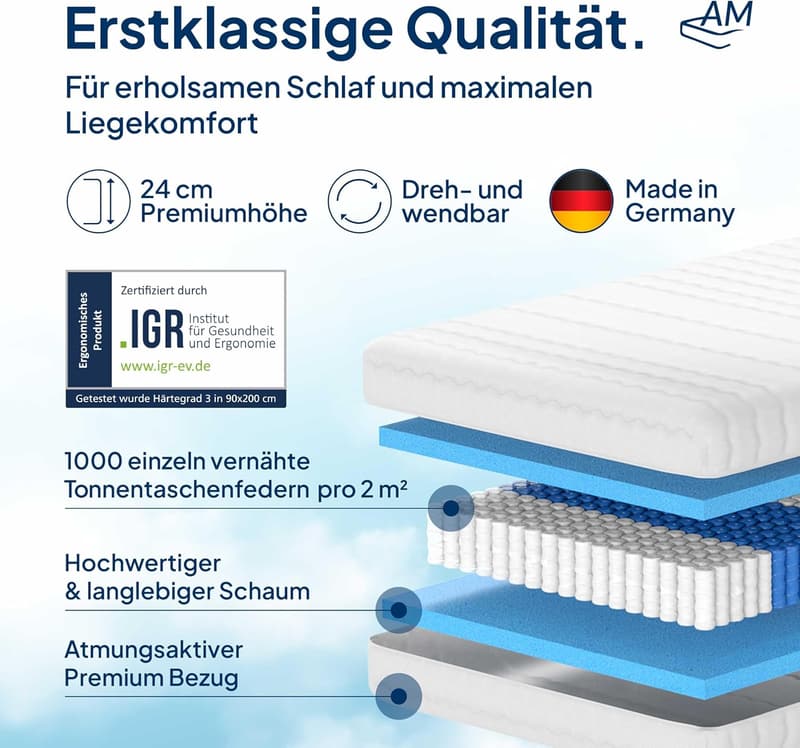 7-Zonen Taschenfederkernmatratze 90x200 cm mit 1.000 Federn