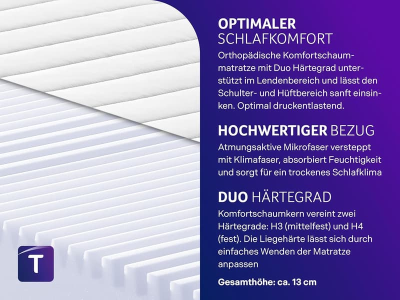 Orthopädische 7-Zonen Komfortschaummatratze 90 x 200 cm, H3/H4, Öko-Tex
