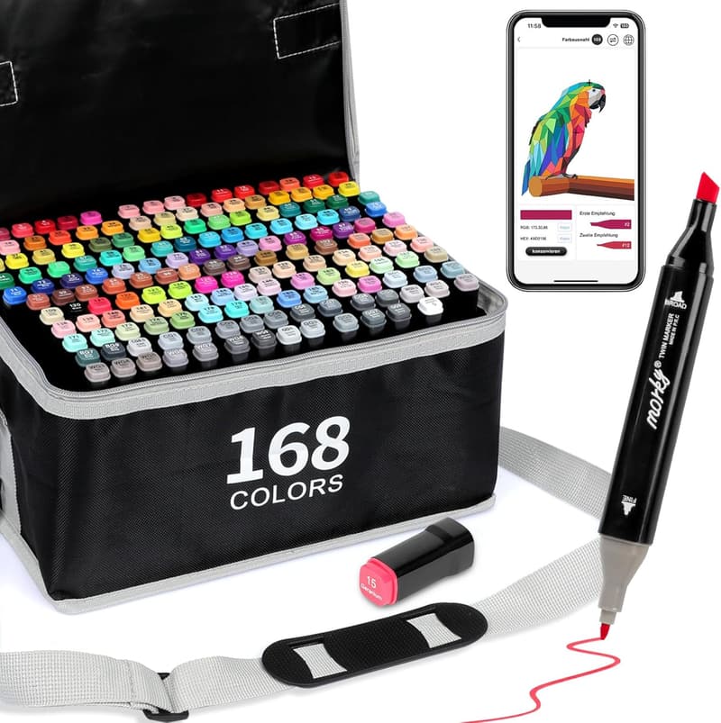 168 Farben Alkoholmarker mit App, Doppelspitze für Künstler