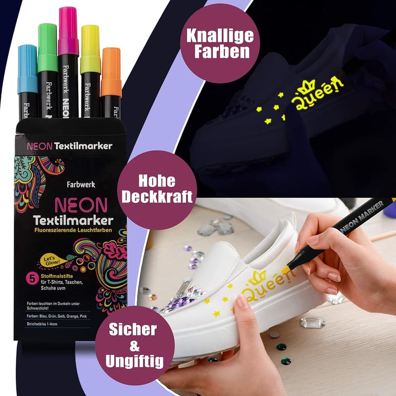 Neon Stoffmalstifte für T-Shirts und Taschen | UV-fluoreszierend, waschfest