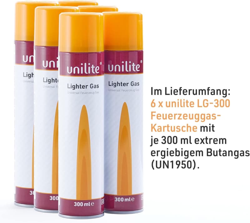 UNILITE Butan Nachfüllgas 6 x 300 ml für Feuerzeuge und Brenner