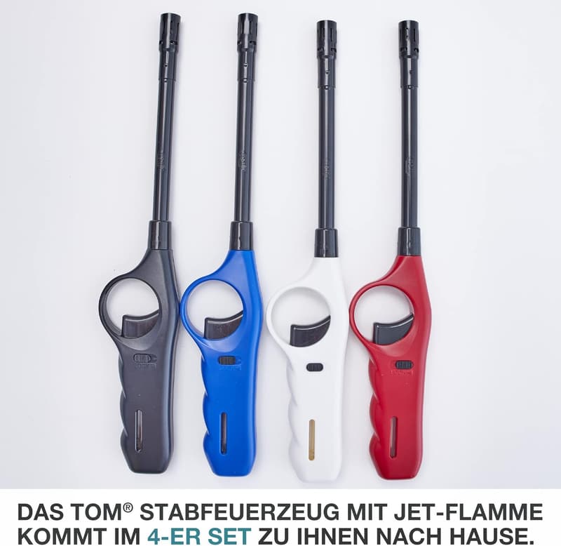 Turbo-Stabfeuerzeug 28,3 cm – 4 Stück Set in Schwarz, Weiß, Blau, Rot