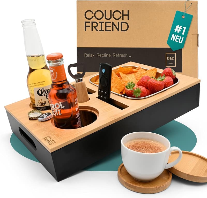 Couch Organizer Snackbox aus Bambus mit XL-Schale und Getränkehalter