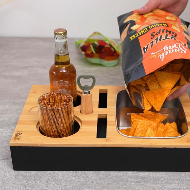 Couch Organizer Snackbox aus Bambus mit XL-Schale und Getränkehalter