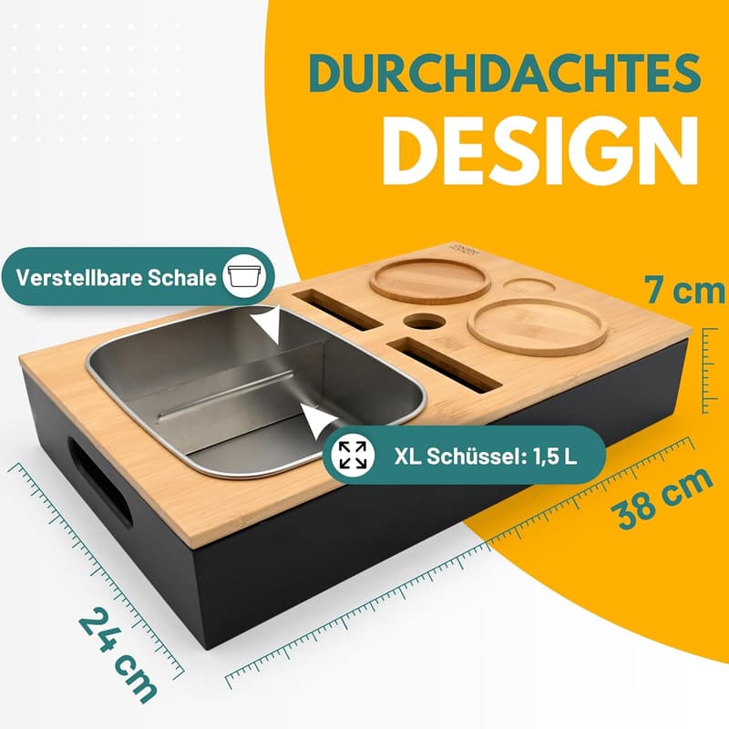 Couch Organizer Snackbox aus Bambus mit XL-Schale und Getränkehalter