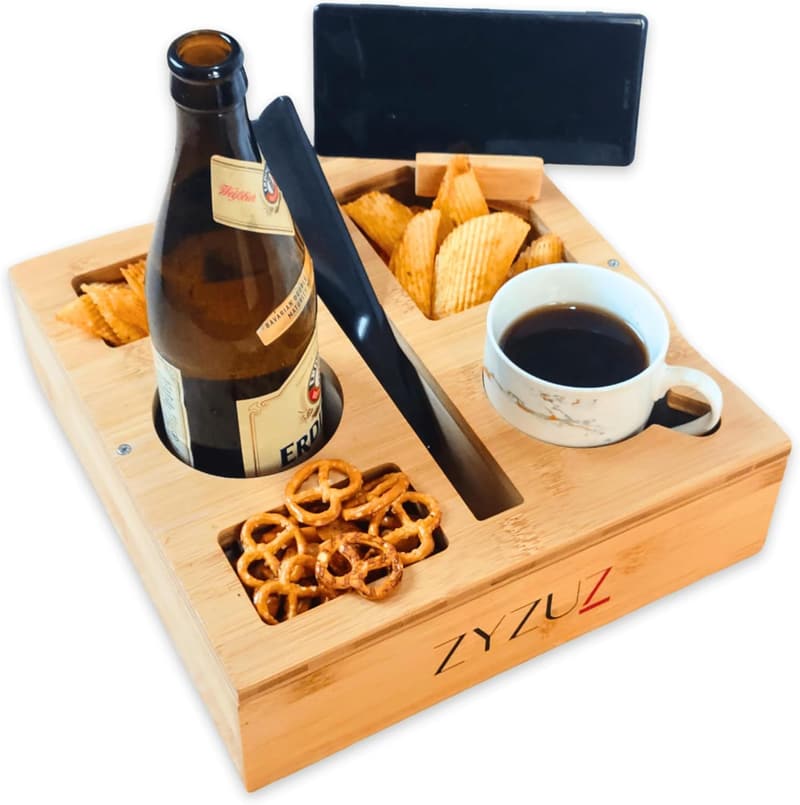 Couchbar Snackbox aus Bambus mit 360° Handyhalter – Geschenk für Paare
