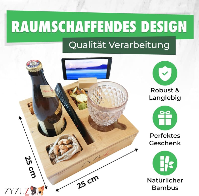 Couchbar Snackbox aus Bambus mit 360° Handyhalter – Geschenk für Paare