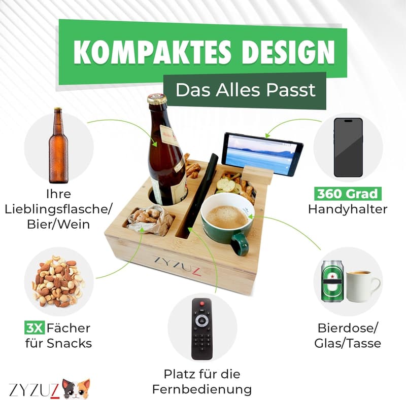 Couchbar Snackbox aus Bambus mit 360° Handyhalter – Geschenk für Paare