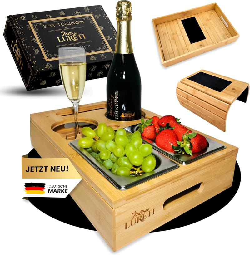 Couch Snackbox 3-in-1 aus Bambus mit Deko und Getränkehalter