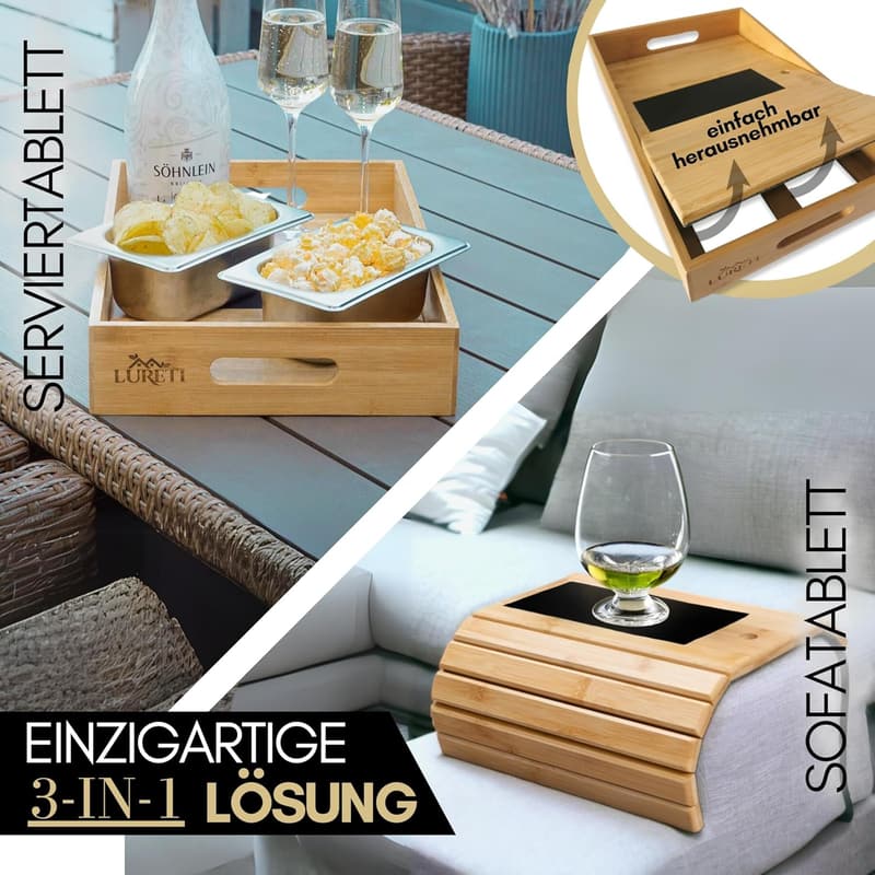 Couch Snackbox 3-in-1 aus Bambus mit Deko und Getränkehalter