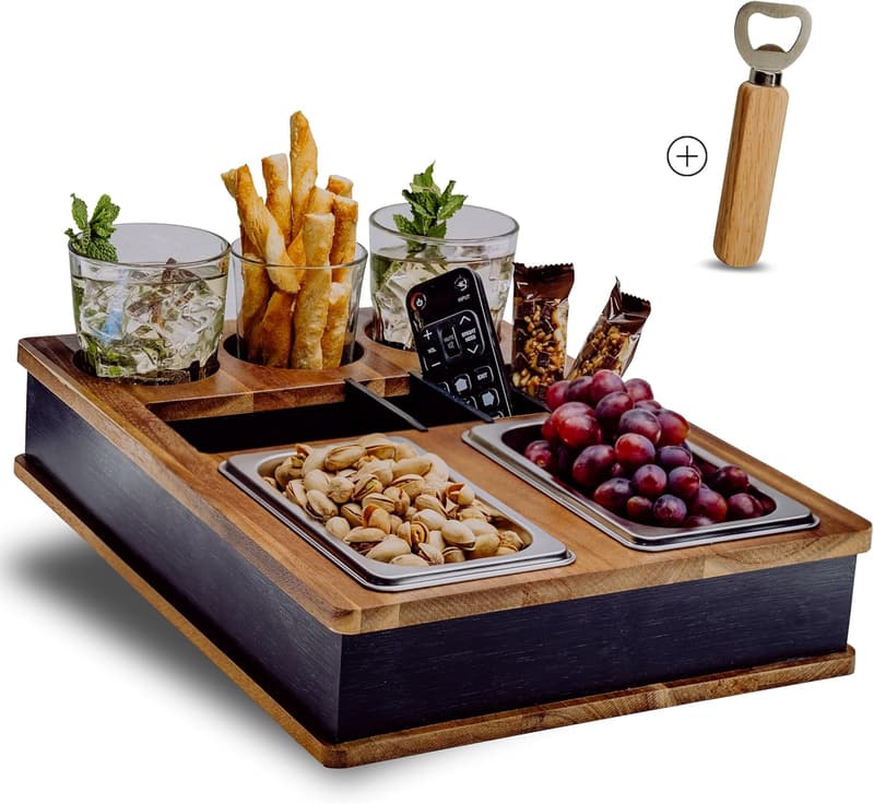 Couch Organizer aus Akazienholz mit 3 Getränkehaltern – Ideal für Paare