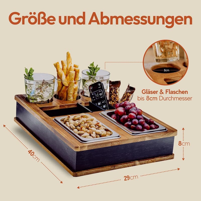 Couch Organizer aus Akazienholz mit 3 Getränkehaltern – Ideal für Paare