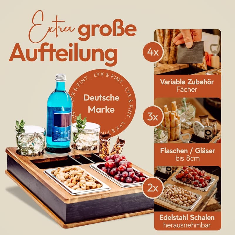 Couch Organizer aus Akazienholz mit 3 Getränkehaltern – Ideal für Paare