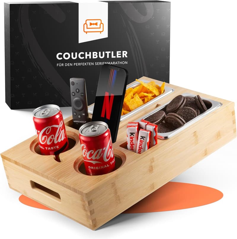 Personalisierbare Bambus Snackbox mit Halterungen für Getränke und Handy