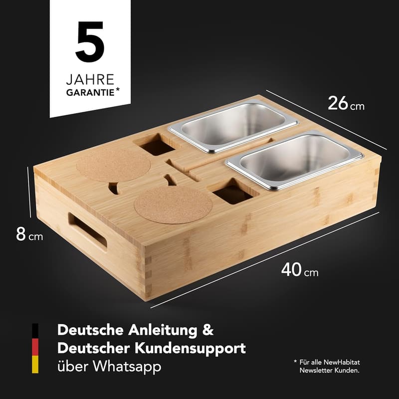 Personalisierbare Bambus Snackbox mit Halterungen für Getränke und Handy