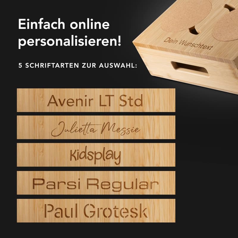 Personalisierbare Bambus Snackbox mit Halterungen für Getränke und Handy