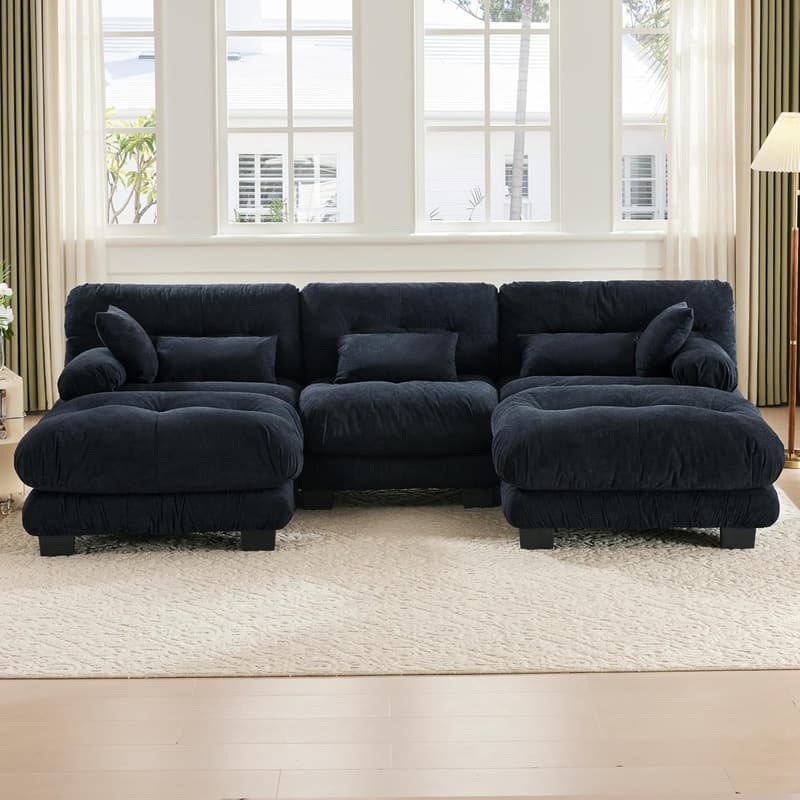 Samt-U-Form Ecksofa mit Schlaffunktion für Wohnzimmer, Schwarz