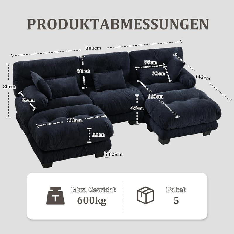 Samt-U-Form Ecksofa mit Schlaffunktion für Wohnzimmer, Schwarz