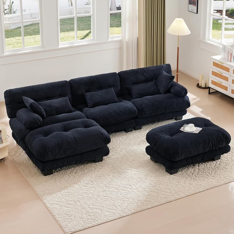 Samt-U-Form Ecksofa mit Schlaffunktion für Wohnzimmer, Schwarz