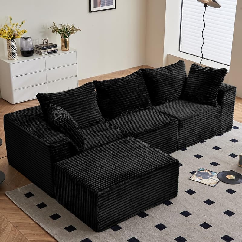 Moderne Eckcouch mit Schlaffunktion und 5 Kissen, Schwarz