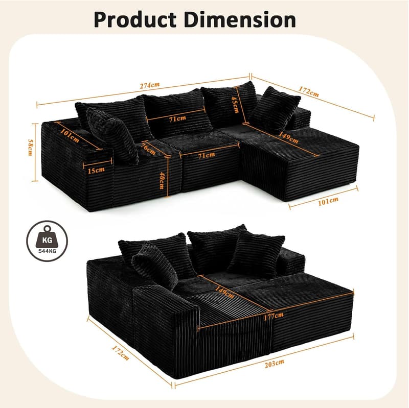 Moderne Eckcouch mit Schlaffunktion und 5 Kissen, Schwarz