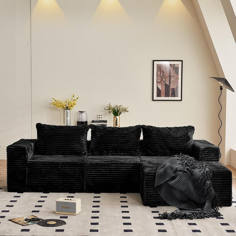 Moderne Eckcouch mit Schlaffunktion und 5 Kissen, Schwarz