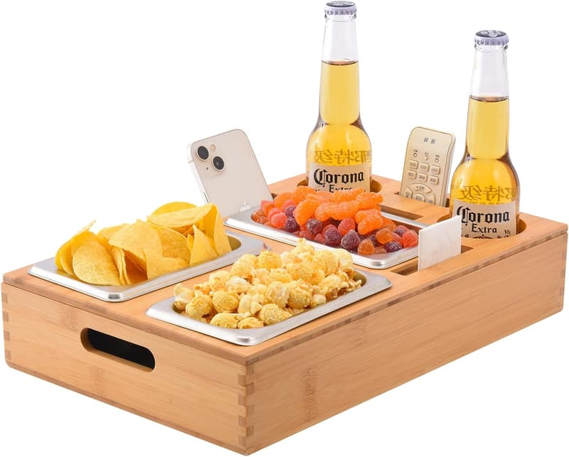Couch Organizer Snackbox aus Bambus mit 3 Fächern und Getränkehalter