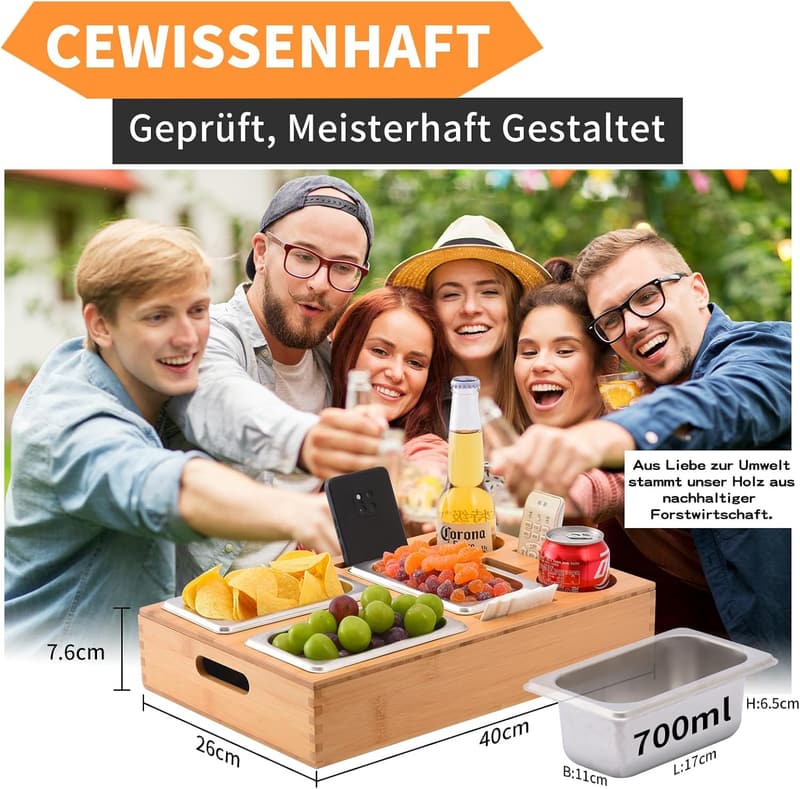 Couch Organizer Snackbox aus Bambus mit 3 Fächern und Getränkehalter